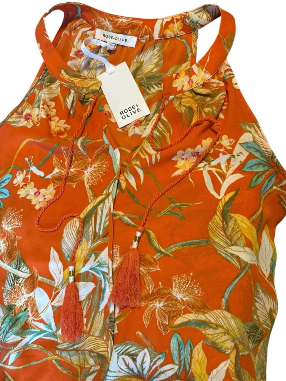 Rose & Olive Orange Floral Halter Tank with Tassel Tie